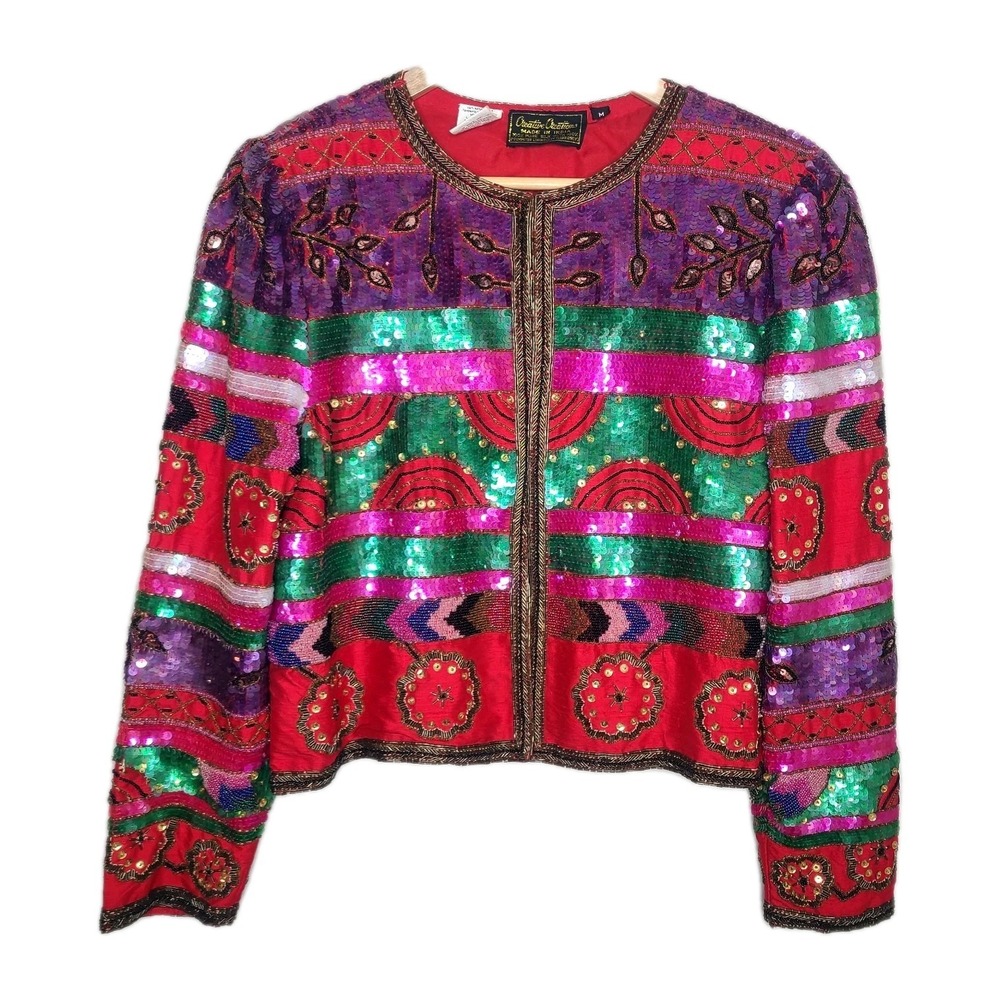VTG 80s 100% Silk Jacket Sequin Beaded Glam Cropped Party Disco Evening Size M‎